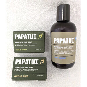 3 Papatui Mens Grooming Travel Size Soap Shower Gel Vanilla Shea Cedar Coconut
